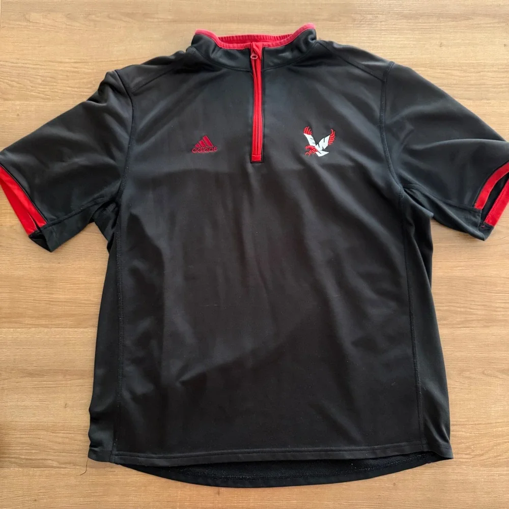 Adidas Mens Black Red Quarter Zip Short Sleeve Pullover Shirt Eagle Logo Large
